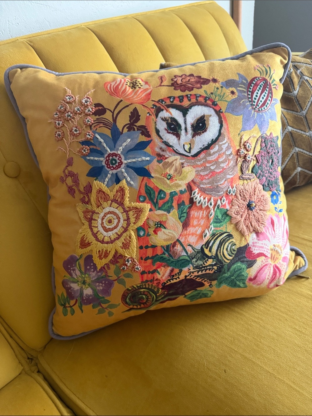 NATHALIE LETE by ANTHROPOLOGIE. Decorative Owl Embroidered Throw Pillow.